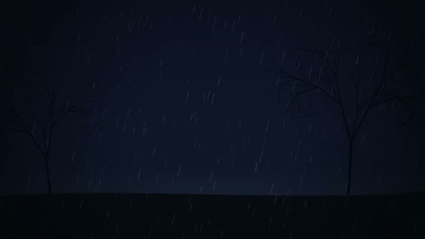 Moody rainy night landscape with leafless trees and dark blue sky