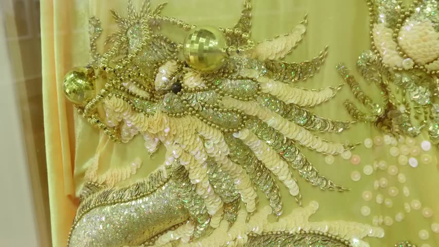 An elaborate gold and white sequin and bead embroidered dragon motif on a light-colored fabric. Shot in motion