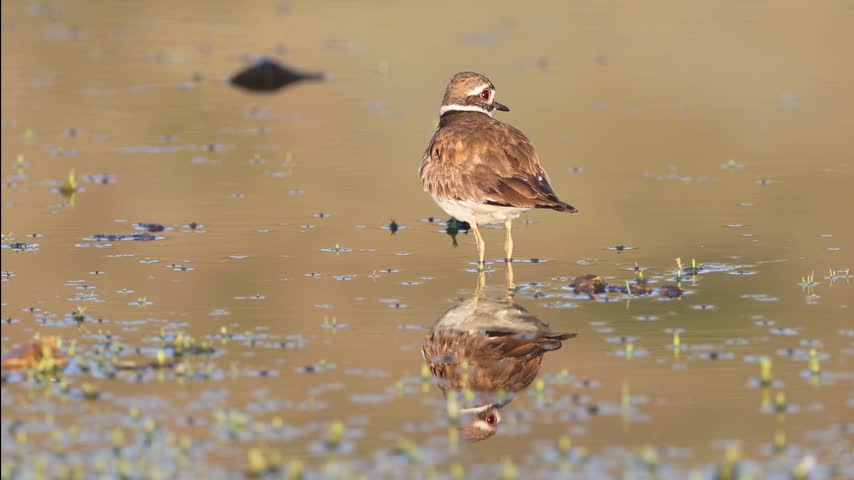 Killdeer (Charadrius vociferus) wading in shallow reflective water at Shugru Reservoir in Lassen County, California, looking around, finding and grabbing a small crustacean. 