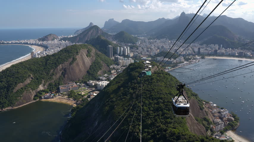 Cable car arriving at the top of Sugarloaf Mountain with sweeping views of Rio de Janeiro during summer, Brazil.
