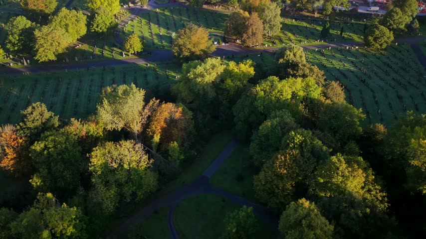 Sunrise light falls across Philips Park Cemetery in East Manchester, United Kingdom, with tree-lined paths, graves, and green space seen from above.