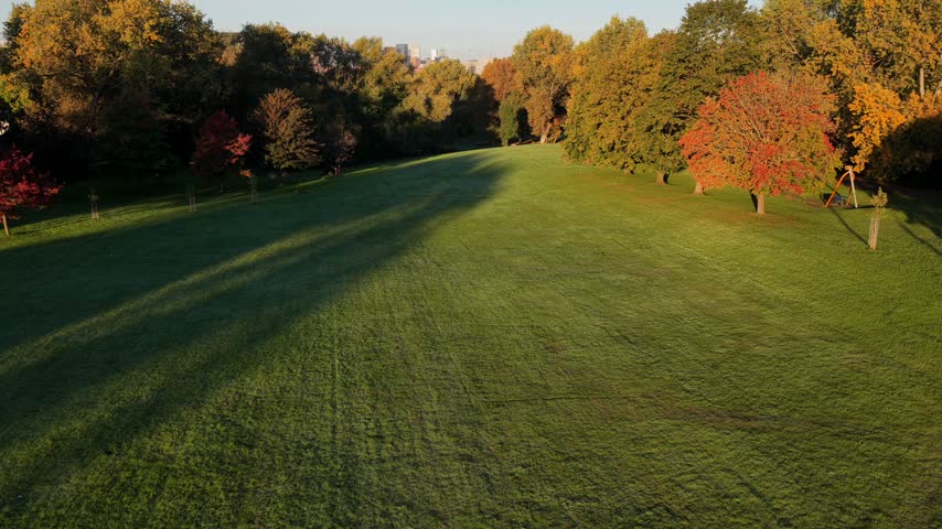 Sunrise aerial views show grass and trees in Philips Park in East Manchester, United Kingdom, with some parts of the Manchester skyline visible