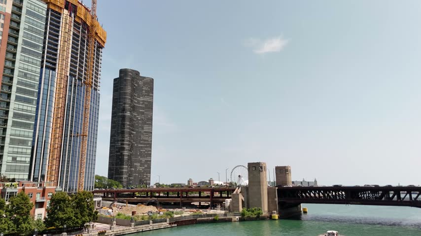 Chicago River meeting Lake Michigan near the lakefront aerial. Filmed in Chicago, Illinois.