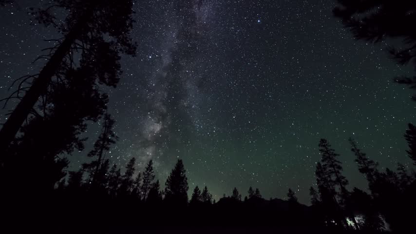 Milky way galaxy rotating over silhouette pine trees in a mountain forest during a starry night timelapse video
