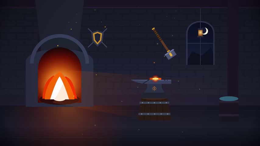 A mystical fantasy blacksmith forge filled with glowing fiery embers, molten metal sparks showering over a heavy iron anvil, crafted weapons, and atmospheric rustic stone architecture under warm dramatic lighting.