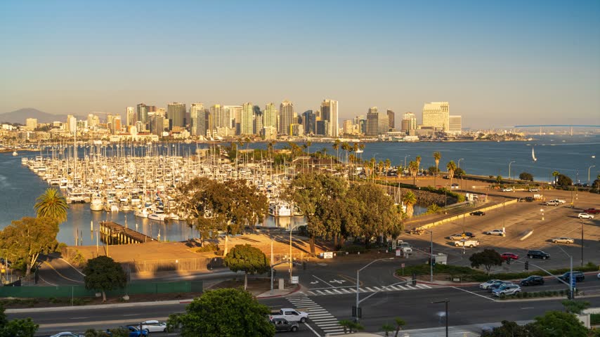 San Diego skyline at sunrise over a marina full of sailboats