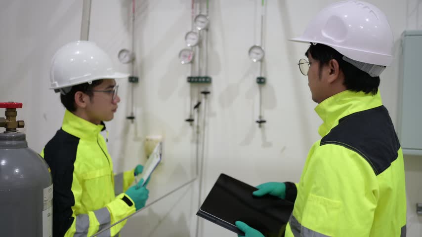 Industrial technician points toward process control equipment while a coworker observes, representing engineering communication, technical inspection, maintenance, workplace safety, and plant operations.