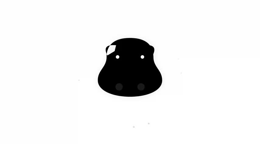 A minimalist black hippopotamus head rests centered upon clean white space. Such flat graphic illustration utilizes bold geometric forms plus simple lines creating iconic mascot style. High contrast between dark subject with light backdrop produces striking visual results. Several subtle floating particles hover throughout every edge regarding that artistic creature.