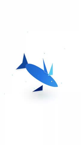 An abstract blue shark shape swims across a clean white background. This animated figure consists of simple geometric triangles and ovals. The minimalist design emphasizes smooth motion and sharp edges. Vibrant indigo shades provide a bold contrast to the empty space. This digital creation features elegant lines that suggest fluid underwater movement.