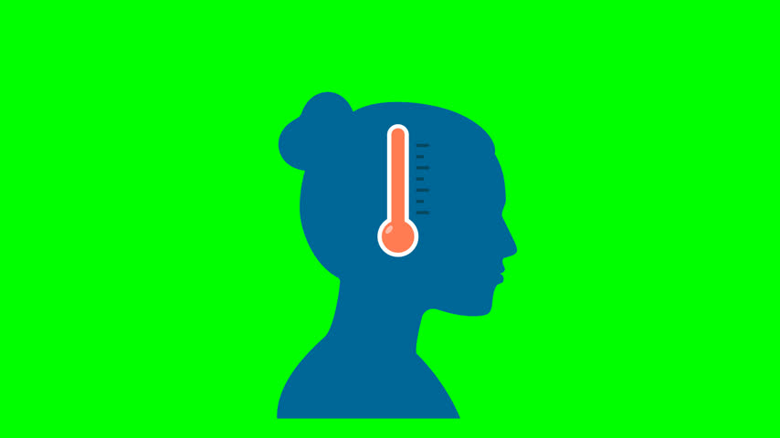 Anxiety, tension, stress. Colds. Woman with thermometer in her head. Angry girl in anger, steam coming out of her ears. Unhappy girl upset, angry. Control of emotions. 2d flat animation. Alpha channel