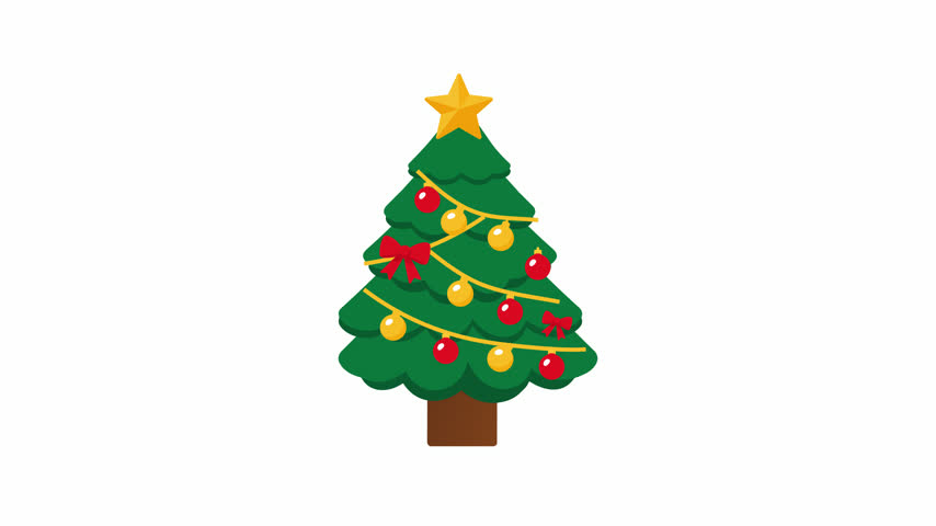 Animated Christmas tree vector icon featuring glowing lights, red baubles, golden ribbons, and a shining yellow star topper. Perfect for holiday greetings, festive promos, winter season banners, and New Year video overlays.