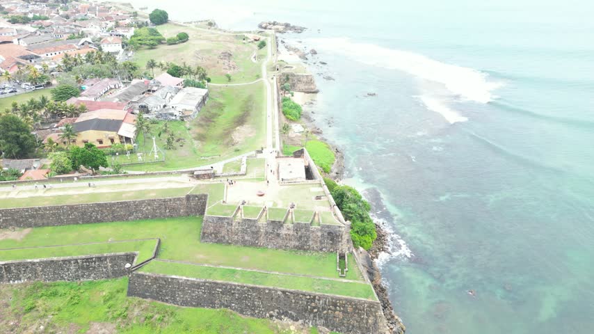 Aerial view of the historic stone ramparts of Galle Dutch Fort overlooking the Indian Ocean coastline in Galle, Southern Province, Sri Lanka.