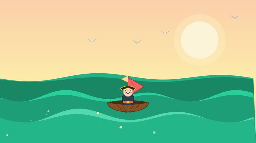 One cheerful animated character sails a tiny wooden vessel across rolling emerald waves, while bright orange sunlight illuminates peaceful pastel skies stretching far above the tranquil horizon, and paper birds glide gracefully through warm atmospheric air during a serene evening journey, creating brilliant minimalist vector artwork filled with joyful adventure.