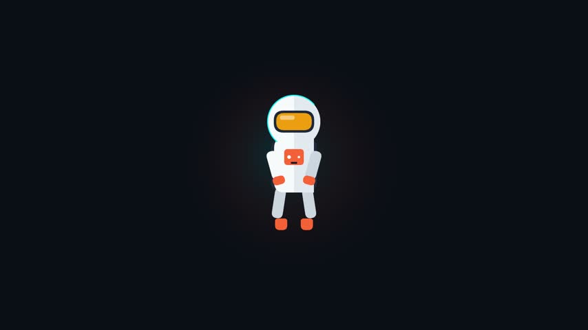 A cute stylized vector character wearing a white protective suit with bright orange details drifts slowly across a dark background. The minimalist animated figure rotates continuously while simulating zero gravity exploration. Vibrant primary hues contrast sharply against the deep charcoal void, creating a playful modern aesthetic. Clean lines define this cheerful floating motion graphic element.