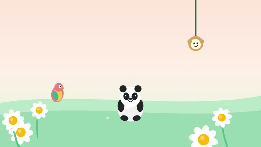 A delightful flat vector animation depicts a cheerful panda sitting peacefully in a vibrant green meadow during spring. White daisies bloom gracefully across the foreground while a playful bird and swinging primate adorn the soft sky above. The whimsical scene radiates a joyful atmosphere through gentle colorful shades and minimalist artistic elements.