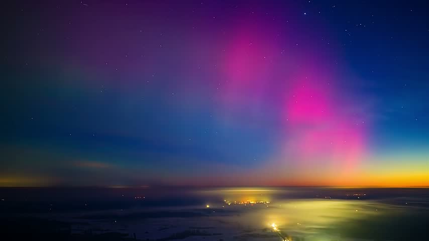 Aerial view of vibrant aurora borealis with pink and purple lights illuminating the night sky above a fog-covered landscape in Latvia.