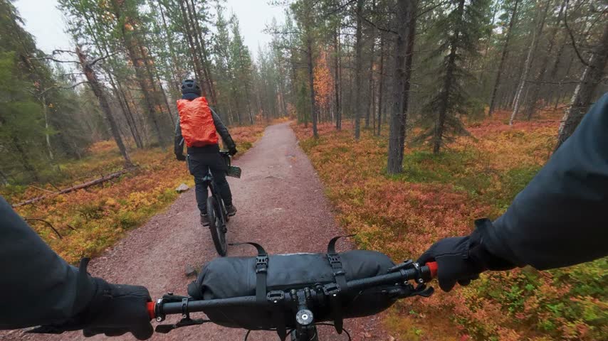 Father and son mountain bike riding on misty trail during autumn ruska season in Finland