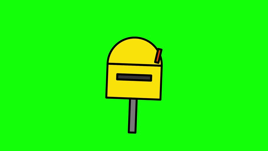 A bright yellow mailbox stands centered against a vibrant green backdrop, the illustrated container features bold black outlines with a grey support pole underneath, and a small red flag pivots upward while this simple cartoon graphic offers clean geometric shapes for creative digital motion projects involving classic postal messaging themes.