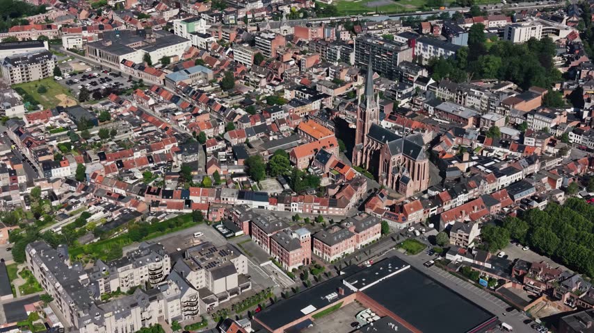 Arial view beside the old town above the city Turnhout in Belgium, on a sunny spring noon.