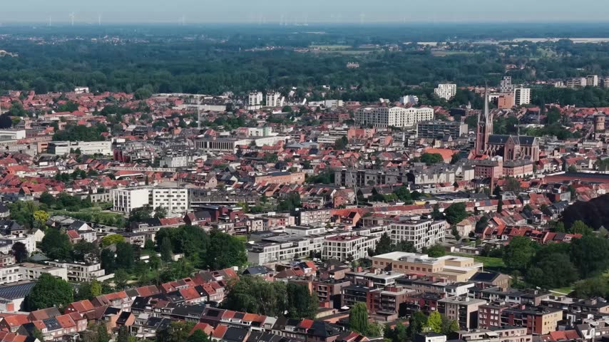 Arial view beside the old town above the city Turnhout in Belgium, on a sunny spring noon.