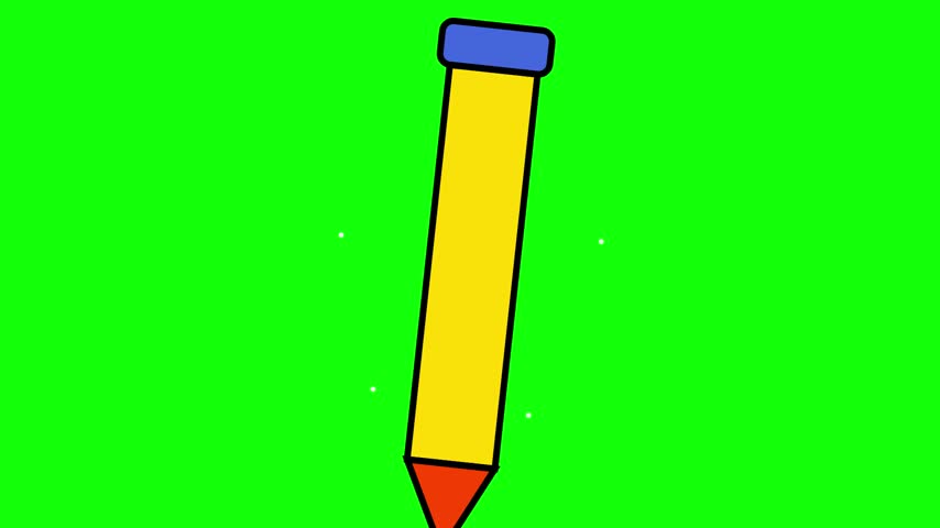 A vibrant yellow cartoon pencil stands centered against a bright green background while featuring a blue top cap and a sharp orange point at the bottom with bold black outlines defining the simple graphic shape that provides a clean cutout element for creative digital projects and school themes.
