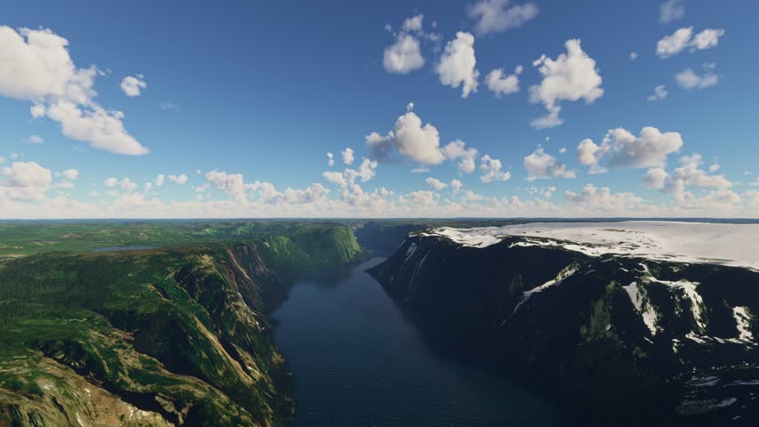 3D - Aerial view of the snow in Gros Morne. Western Brook Pond. Newfoundland and Labrador. Canada