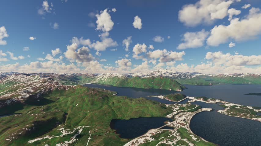 3D - Side aerial view of the snow in Unalaska. Dutch Harbor. Alaska. United States