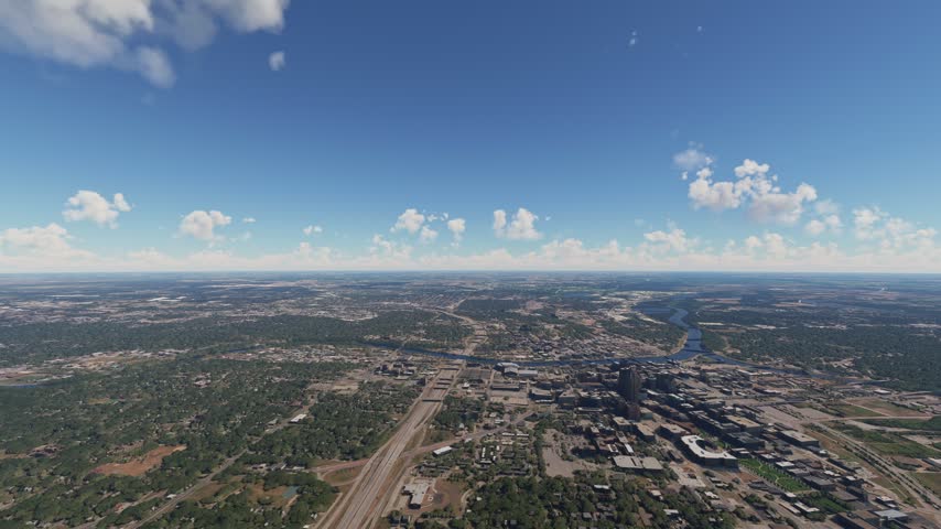 3D - Side aerial shot of Des Moines city. Des Moines River. Iowa. United States