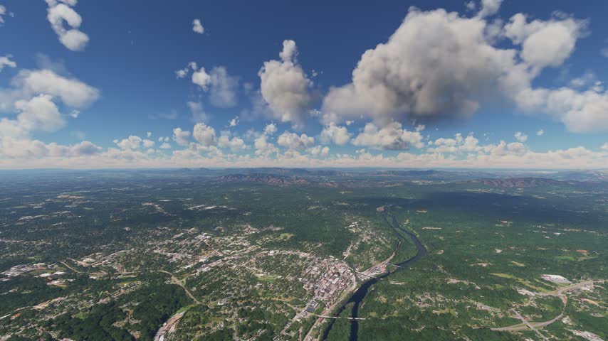 3D - Circular aerial shot of Lynchburg city. James River. Virginia. United States