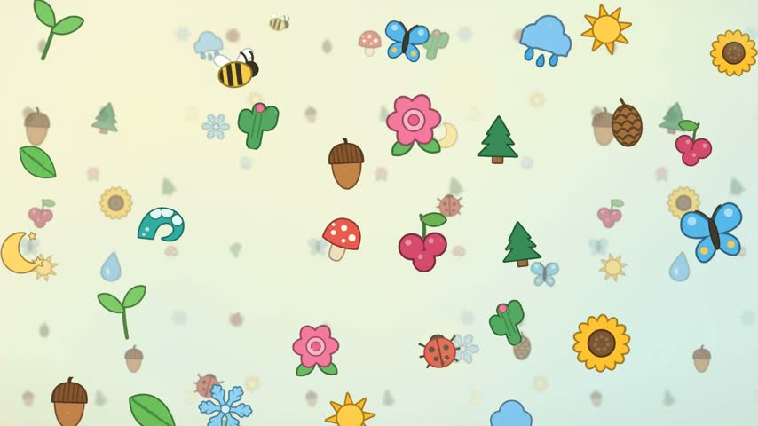 Cute pastel nature icon pattern with floating flowers, mushrooms, ladybugs plus butterflies drifting in a seamless loop background for kids content and playful social posts