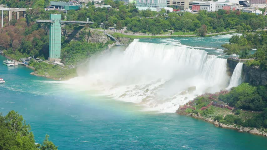 Elevated View of Tourists on Boardwalk Below Bridal Veil and American Falls ,Niagara Falls, New York, USA