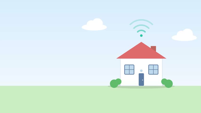 A simple flat vector illustration of a cozy small house featuring a red roof and a wifi signal icon above it, set in a sunny, peaceful landscape.