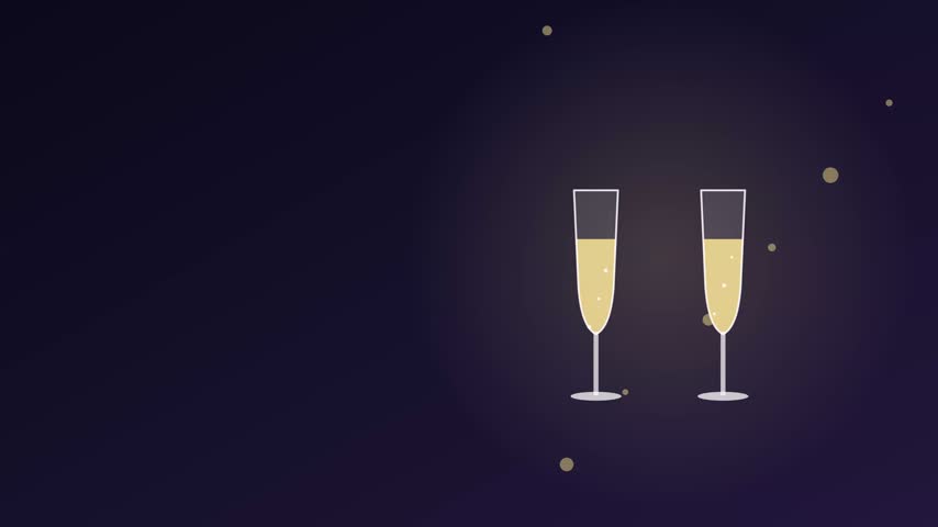 Two elegant champagne glasses filled with sparkling wine for a celebration. The design features a dark purple background with soft golden floating dots.