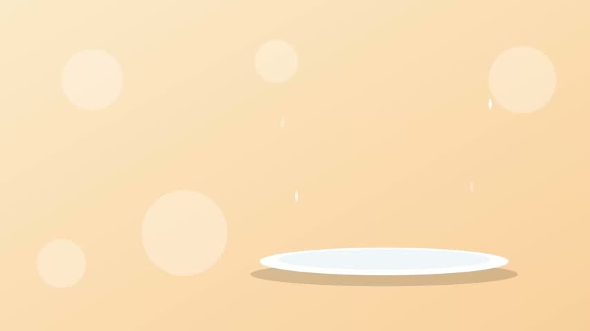 A simple and modern flat vector illustration featuring a single fluffy pancake dropping onto a white plate, set against a warm and soft peach color backdrop.