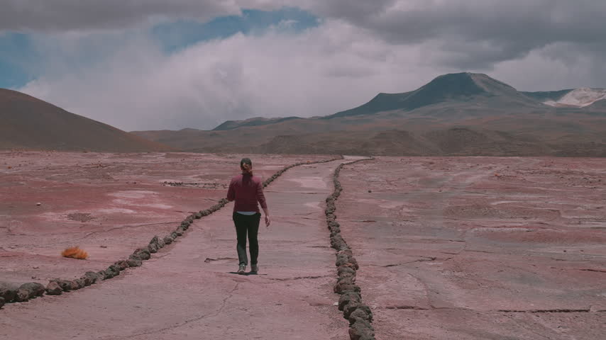 Traveler Walking on Stone Pathway Through High Altitude Desert Landscape at Piedras Rojas, Chile   