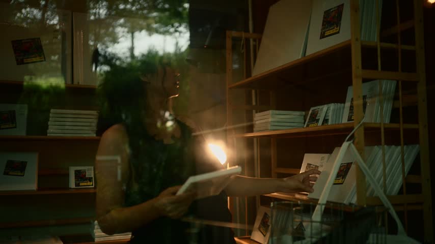 Young asian woman browsing and selecting a framed art print from a wooden shelf in a cozy gallery