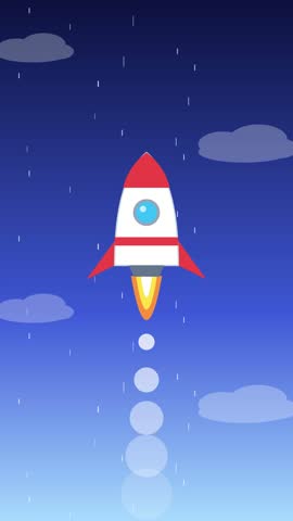 A flat vector illustration of a cute red and white rocket ship launching into the night sky, featuring cartoon clouds and a trail of glowing exhaust smoke.
