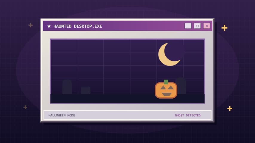 A retro purple desktop window shows a jack-o