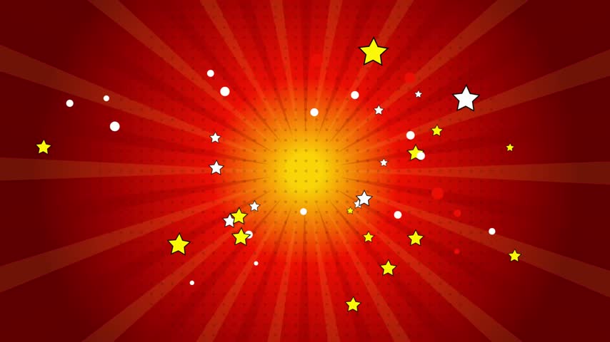 Abstract retro comic book style explosion with a glowing yellow center, red radiating rays, halftone dot texture and bursting yellow and white stars on a bold red pop art background full of energy, action and impact. Ultra HD 4K 10-second animation, ideal as a background for titles, intros, presentations, greeting cards and creative projects.