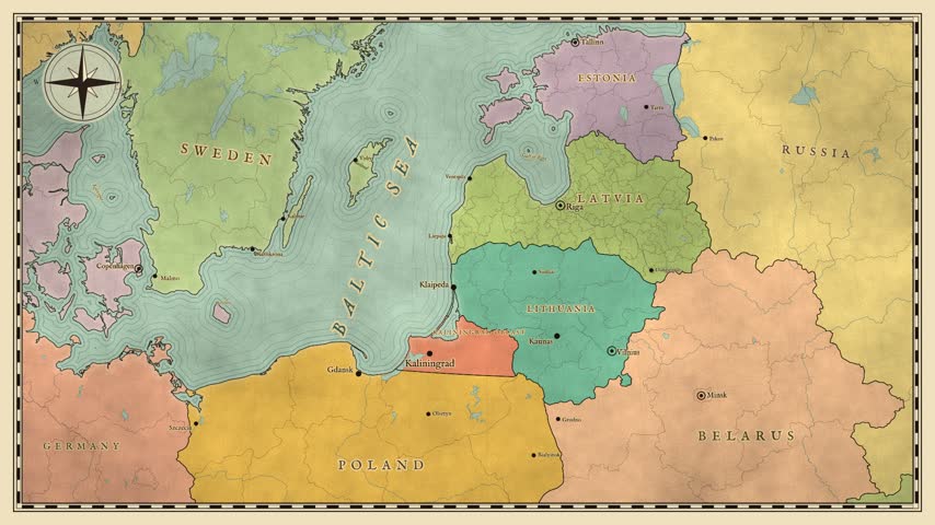 Antique Baltic Sea region atlas map with Kaliningrad, Gdansk, Riga and Vilnius, hand-colored political borders on aged engraved paper