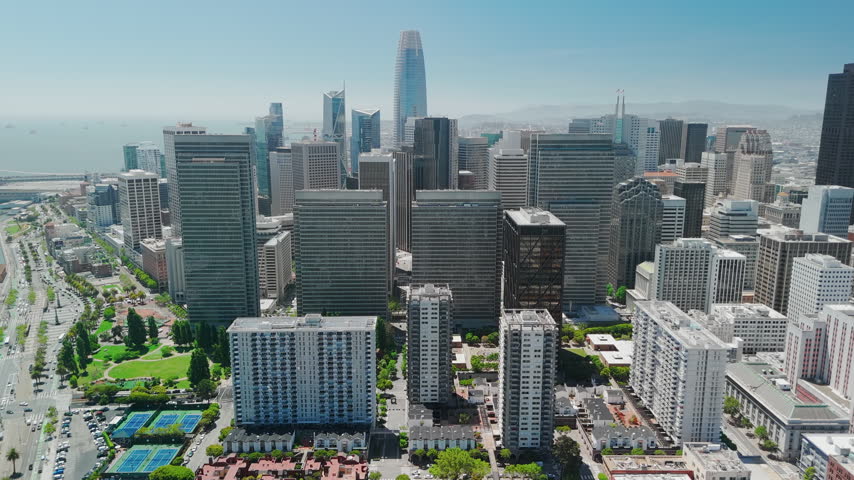 Modern Skyscrapers In San Francisco Financial District With Salesforce Tower Rising Above The City Skyline In California, USA. - aerial shot