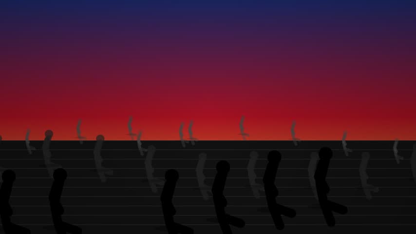 A group of soldiers in silhouette marching across a dark landscape during a dramatic deep red and purple sunset.