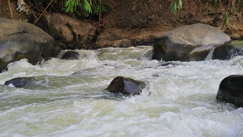 Whitewater rapids rushing and splashing over dark boulders in a wild river