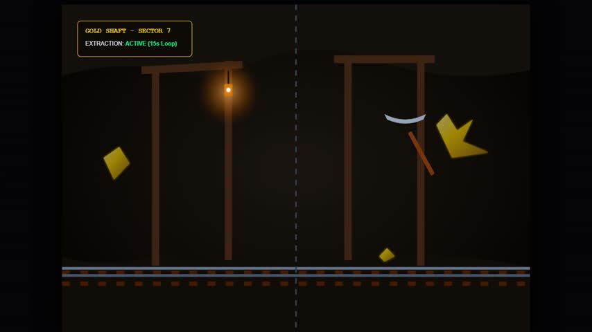 Stylized 2D animation of an underground gold mine shaft with a cart filled with gold nuggets on tracks. Seamless loop of industrial gold extraction in a dark cave environment.