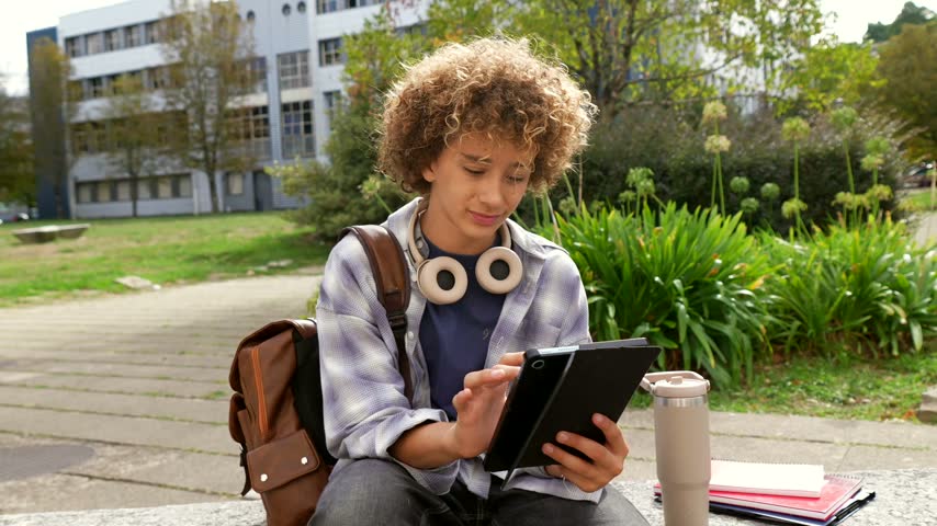 American teenager with curly hair browsing on a digital tablet, sitting on a stone bench in the schoolyard. Young student using modern technology for learning and communication at his high school