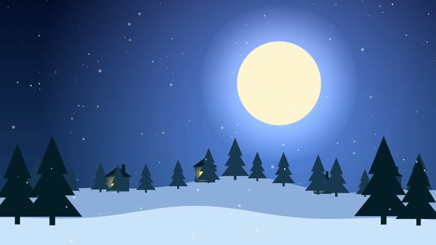 Santa Claus sleigh pulled by flying reindeer crossing a full moon over a snowy village on Christmas Eve night, seamless loop