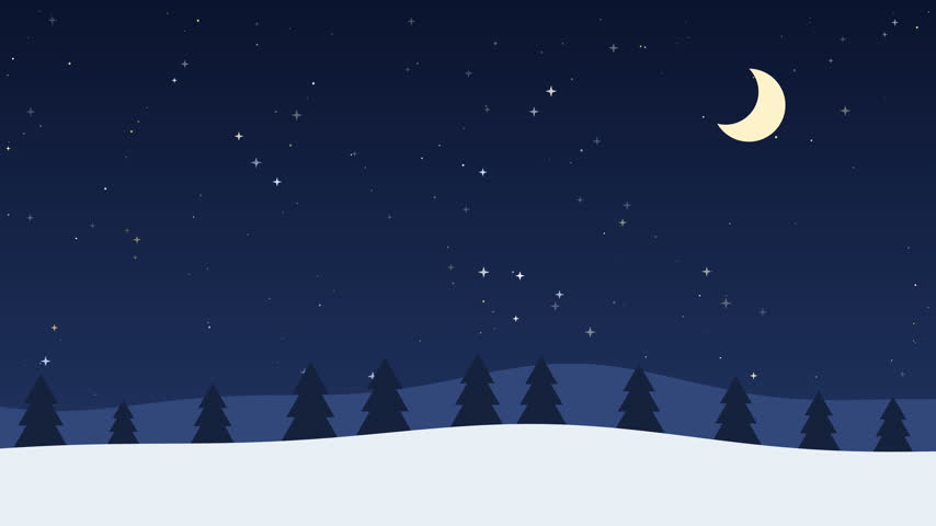 Twinkling stars, a crescent moon and shooting stars over snowy hills with pine trees at night, seamless loop background
