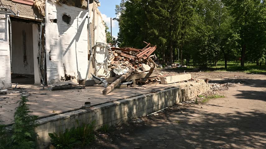 May 22, 2025. The town of Velykyi Burluk. Buildings destroyed by a Russian missile strike. War in Ukraine.