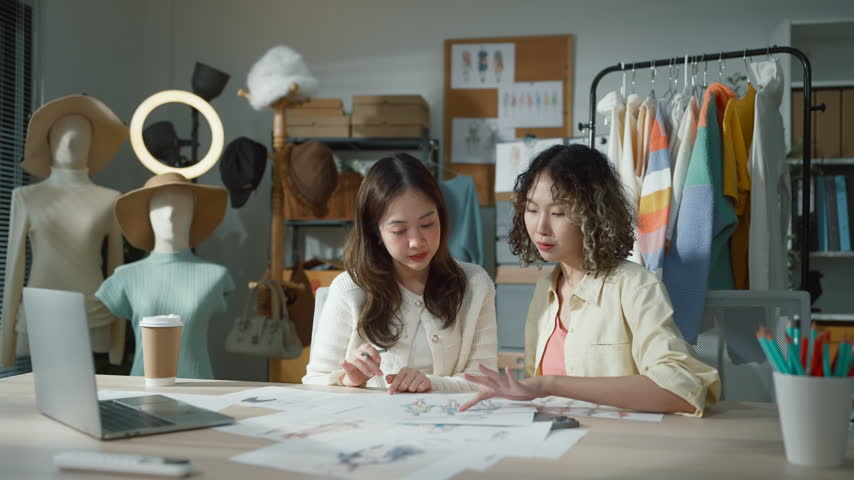 Portrait of two confident young Asian female fashion designers in their creative studio