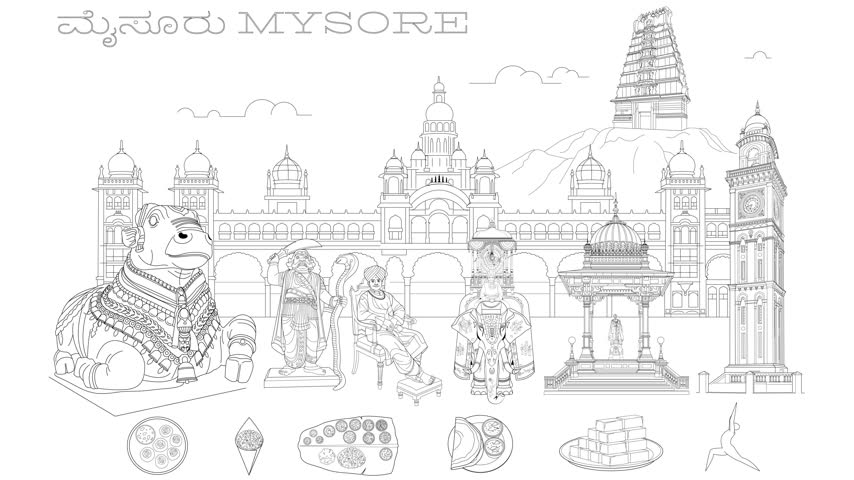Mysore City Landmark Line Art Animation Featuring Mysore Palace and Cultural Heritage Monuments, Mysore Dasara, Hand Drawn in Thin Line Style Animation